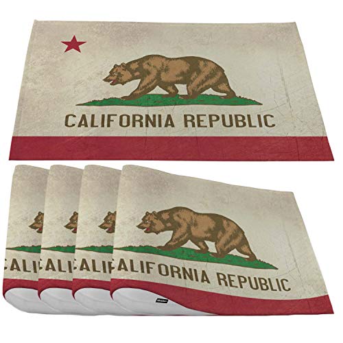 Moslion Tischsets mit kalifornischer Flagge, Grunge State Flaggen von Amerika, Bär auf dem Gras, Tischsets für Esstisch/Küchentisch, wasserdicht, rutschfest, hitzebeständig, waschbar, 4 Stück von Moslion