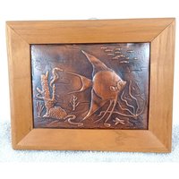 Vintage Kupferplatte Wandbehang Massiv Eiche Holz Rahmen 10"x8" Fisch Meer Landschaft von MosquitoCreekGoods
