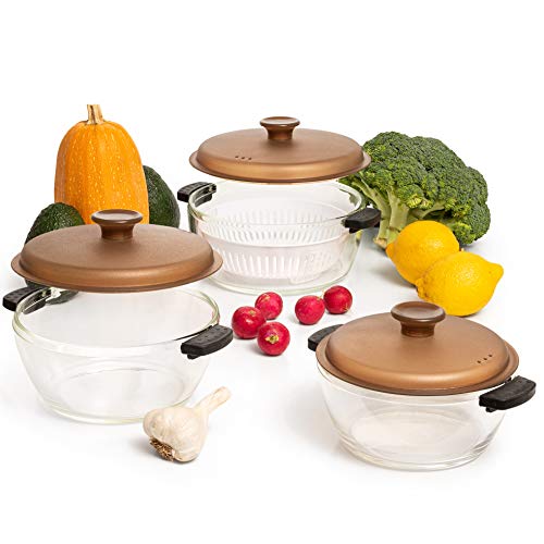 Moss & Stone Glaskasserolle mit Deckel – hergestellt aus Borosilikatglas,langlebiges Backgeschirr, ofenfest und mikrowellengeeignet, transparente Töpfe zum Kochen (klares gelbliches Glas) von Moss & Stone