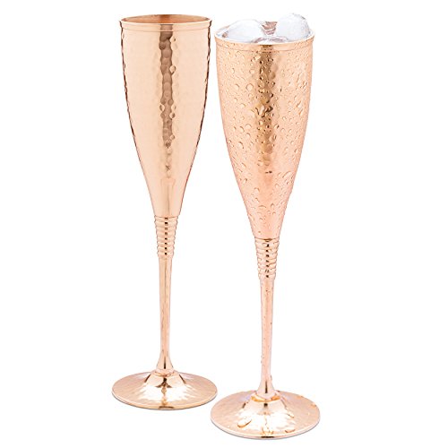 Mosscoff Kupfer-Champagnerflöten à 200 ml - 2-fach gehämmerte Kupfer-Champagnergläser - Jedes ist handgefertigt und lackiert, um Anlaufen zu vermeiden. von Mosscoff