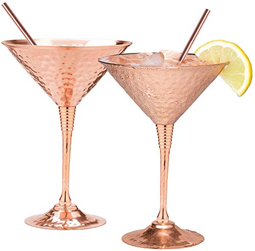 Mosscoff Kupferne Martini-Gläser, 2er Set 280ml Von Hand gehämmerte, massive Kupferbecher mit exquisitem Verstärkungsring. - Bonus-Strohhalme aus reinem Kupfer von Mosscoff
