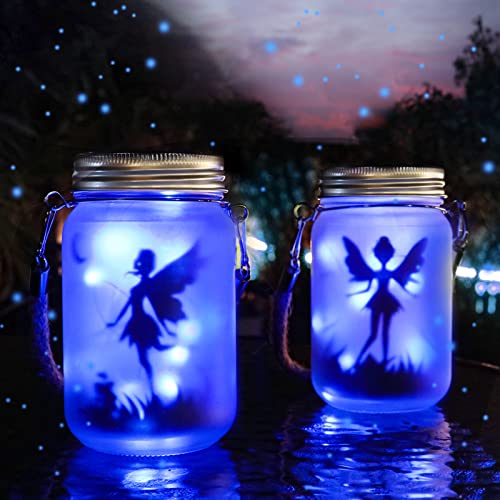 Schmetterlingsfee im Einmachglas, Mostof 2 Stück Hängend Solar Laterne Lichter für Außen, IP44 Wasserdicht Gartenleuchte für Drauße (Blau) von Mostof