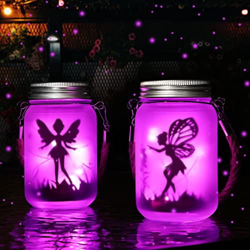 Mostof Schmetterlingsfee im Einmachglas, 2 Stück Hängend Solar Laterne Lichter für Außen, IP44 Wasserdicht Gartenleuchte für Drauße (Rosa) von Mostof
