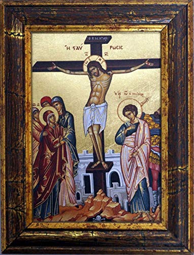 Ikone Kreuzigung Christi auf dem Berg Golgatha Ostern Motiv 13 x 18 cm vergoldet Ikonenbild Holz Handarbeit von Motivationsgeschenke