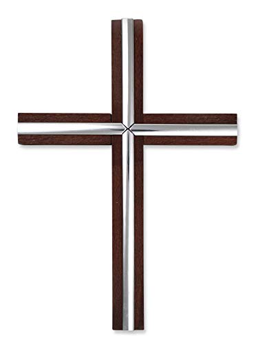 Motivationsgeschenke Holzkreuz Fichte braun gebeizt mit Silberfarbenen Metallstäben - 30x21cm | Modernes Kruzifix für Wandmontage | Wandkreuz Holz | christliches Kreuz mit inklusive Wandhacken von Motivationsgeschenke