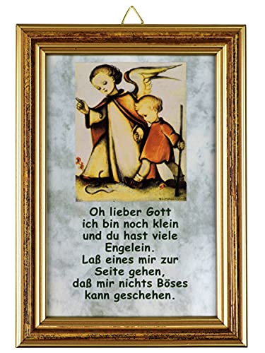 Motivationsgeschenke Wandbild Hummel Bild Schutzengel mit Kind mit Gebet Holz-Rahmen Braun/Gold 17 cm Wanddekoration von Motivationsgeschenke