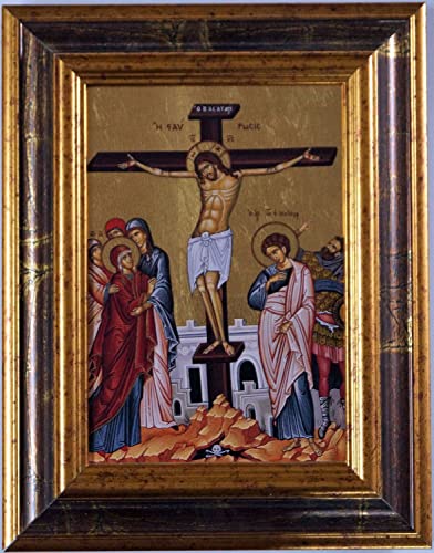 Motivationsgeschenke Ikone Kreuzigung Christi auf dem Golgatha Griechenland Leinwand Breiter Holzrahmen Russisch Orthodox von Motivationsgeschenke