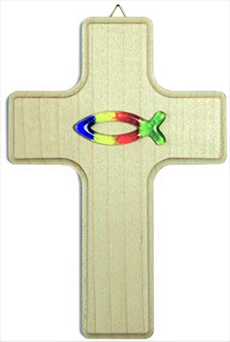 Motivationsgeschenke Kinderkreuz Fisch 16cm - zur Erstkommunion aus Eichenholz mit Regenbogenfarbenem Glas | Kreuz zur Kommunion | Ideales Wandkreuz für Kinderzimmer | Geschenk zur Kommunion von Motivationsgeschenke