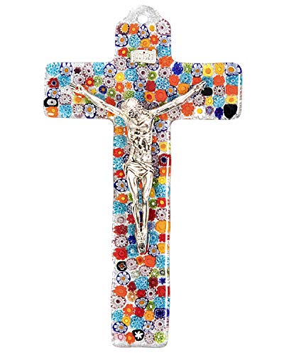 Motivationsgeschenke Kruzifix Jesus Christus | 23cm Wandkreuz Floral |Murano Glas | Silberfarbenes Metall Corpus | Glaskreuz | Moderne christliche Wohnraumdekoration | (Floral 23x14cm) von Motivationsgeschenke