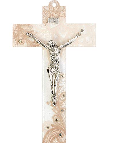 Motivationsgeschenke Kruzifix Jesus Christus | 23cm Wandkreuz | Murano Glas | Silberfarbenes Metall Corpus | Glaskreuz | Moderne christliche Wohnraumdekoration | (Braun, gemustert, 23x14cm) von Motivationsgeschenke