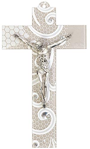 Motivationsgeschenke Kruzifix Jesus Christus | 23cm Wandkreuz Murano Glas | Silberfarbenes Metall Corpus | Glaskreuz | Moderne christliche Wohnraumdekoration | (Grau, gemustert, 23x14cm) von Motivationsgeschenke