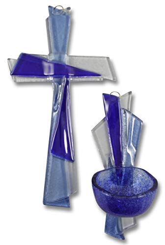Motivationsgeschenke SET Weihwasserkessel und Kruzifix - Blau/Weiß, aus Fusing Glas | Weihwasserbecken & Glaskreuz | Weiwasserbehälter aus Glas | Geschenk zur Taufe oder Kommunion von Motivationsgeschenke