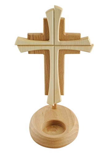 Motivationsgeschenke Stehkreuz mit Teelichthalter aus Buchenholz & Ahorn - 24 x 16 cm, zweifarbig mit geradem Querbalken | Versehkreuz, Tischkreuz mit Sockel für Teelicht | Kruzifix geschlossen von Motivationsgeschenke