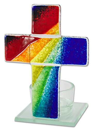 Tischkreuz Teelichthalter Kreuz zur Meditation Gebet Regenbogen Fusing Glas 11 cm Kruzifix Stehkreuz für Teelicht von Motivationsgeschenke
