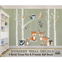 stoff Set Wald Kinderzimmer Wanddeko 4 Birken Bäume Fuchs & Freunde Hirsch Eule Waschbär Vögel Wandtattoo Neutral Einfach Zu Installieren von Motomoms