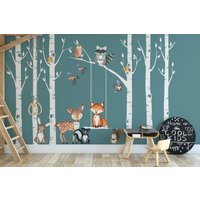 stoff Set Wald Kinderzimmer Wanddeko 6 Birke Bäume Fuchs & Freunde Hirsch Eule Eichhörnchen Hase Vögel Wandtattoo Neutrale von Motomoms