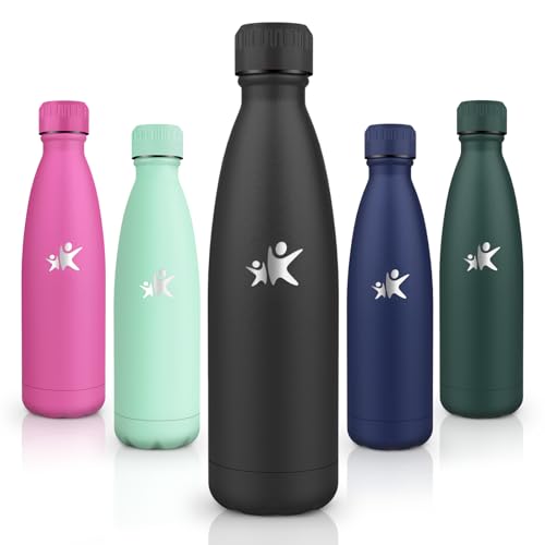 Motswedi Trinkflasche Edelstahl, 500ml 18/8 Edelstahl, Trinkflasche Kinder, BPA-frei, Trinkflasche, Doppelwandig, Thermosflasche, Wasserflasche für Outdoor, Yoga, Kinder, Schule, Fitness, Schwarz von Motswedi