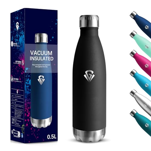 Trinkflasche, 500 ml BPA-frei, Trinkflasche Edelstahl, 18/8 Edelstahl, Thermosflasche, Doppelwandig Vakuumisoliert, Wasserflasche Auslaufsicher für Schule, Reisen, Camping Thermoskanne - Schwarz Trinkflasche, 500 ml BPA-frei, Trinkflasche Edelstahl, 18/8 Edelstahl, Thermosflasche, Doppelwandig Vakuumisoliert, Wasserflasche Auslaufsicher für Schule, Reisen, Camping Thermoskanne - Schwarz von Motswedi