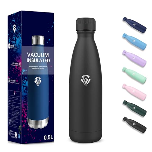 Trinkflasche, 500 ml BPA-frei, Trinkflasche Edelstahl, Doppelwandig Vakuumisoliert, Isolierflasche, 304 Edelstahl, Wasserflasche Auslaufsicher für Schule, Reisen, Camping thermoskanne - Schwarz von Motswedi
