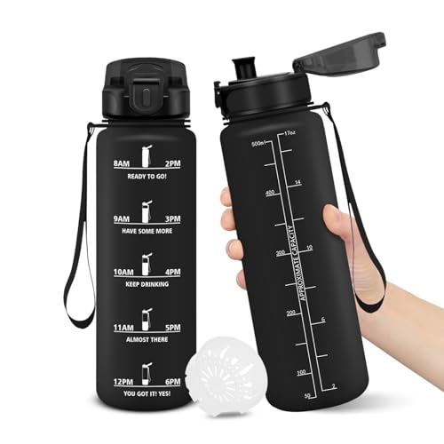 Trinkflasche, 500ML BPA-Frei, Wasserflasche, Auslaufsicheres Schlossdesign, Trinkflaschen, Mit Zeitstempel, Trinkflasche Kinder Auslaufsicher für Schule, Yoga, Camping Wasserflasche Kinder - Schwarz Trinkflasche, 500ML BPA-Frei, Wasserflasche, Auslaufsicheres Schlossdesign, Trinkflaschen, Mit Zeitstempel, Trinkflasche Kinder Auslaufsicher für Schule, Yoga, Camping Wasserflasche Kinder - Schwarz von Motswedi