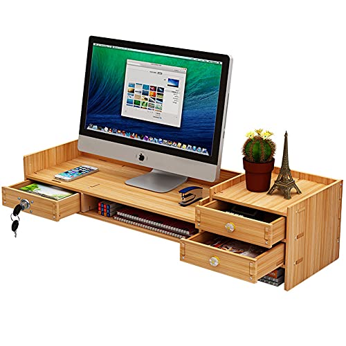 Monitorständer mit 2 Etagen und Ablagefach und abschließbarer Schublade, Computer-/PC-Monitorerhöhung, Büro-Organizer, Regal, Laptop-Erhöhung, Holz von Mott 50
