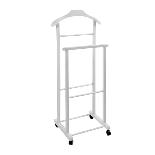 Weißer Garderobenständer, Kleiderständer, Kleiderstange für den Zimmer, Buchenholz, Doppeldiv mit 4 Rädern, Made in Italy von Mottiwood