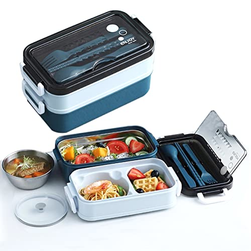 Moulaelos Bento Lunchbox - 1400ml 304 Edelstahl Lunchbox mit Besteck und Suppenschale für Erwachsene, für Arbeit und Schule - Blau von Moulaelos