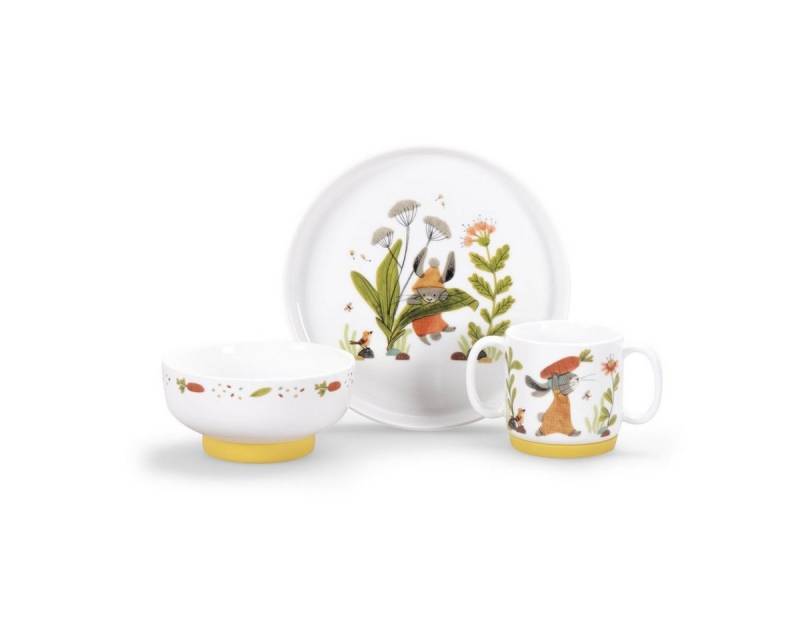 Moulin Roty Kindergeschirr-Set Porzellangeschirr-Set Trois Lapins Teller Schüssel Tasse Silikonboden von Moulin Roty