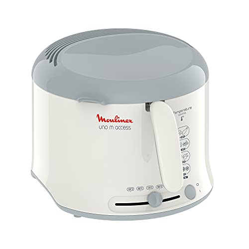 Moulinex AF1211 Uno M Access Fritteuse | Fassungsvermögen: 1 kg | wärmeisoliertes Thermogehäuse | einklappbarer Handgriff | Thermostat: 150° bis 190°C | Weiß/Grau von Moulinex