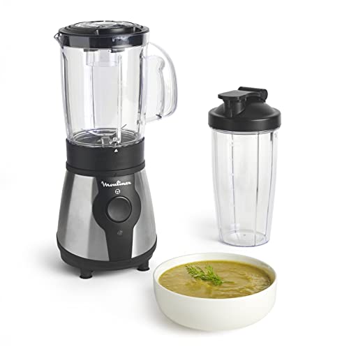 Moulinex Blend&Go LM1B1D 300W Mixer, Smoothie-Mixer mit 750 ml Kunststoffkrug, inklusive 750 ml tragbarer Flasche, 4 abnehmbaren Klingen, Edelstahloberflächen von Moulinex