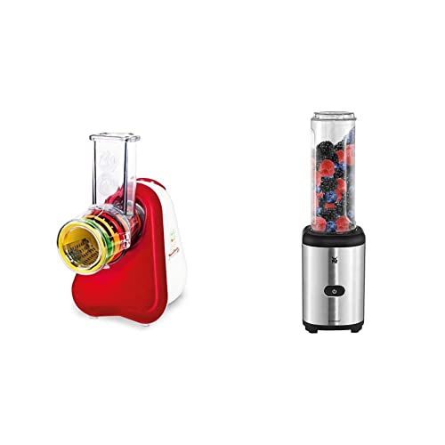 Moulinex DJ756G Fresh Express Plus | Elektrisches Schnitzelwerk 5 Einsätze inkl. Reiben | 200W | Rot/Weiß & WMF Kult X Mix & Go Mini Smoothie Maker, Blender elektrisch, Shake Mixer 300 Watt von Moulinex