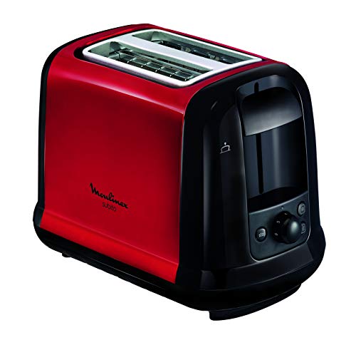 Moulinex LT260D11 Subito Toaster, Aufwärm- und Auftaufunktion, Krümelschublade, Schwarz/Edelstahl Rot von Moulinex