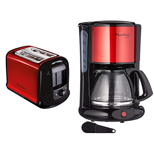 Moulinex LT261D Toaster Subito, rot metallic,Rot, Schwarz & FG360D Filterkaffeemaschine Subito | Glaskanne | 10-15 Tassen | Automatische Abschaltfunktion | Edelstahl | Rot/Schwarz von Moulinex