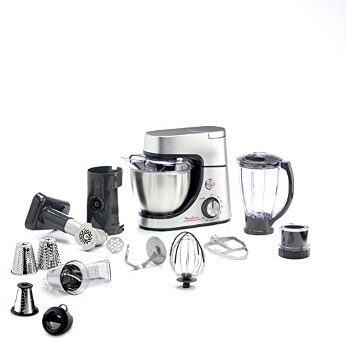 Moulinex Küchenmaschine, 1100 W, Backset, Mixer, Gemüseschneider mit Zubehör für Mazedonien, Fleischwolf, Mini Zerkleinerer, Masterchef Gourmet Silber QA519D32 von Moulinex