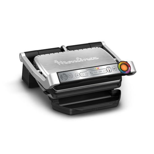 Moulinex Optigrill+, Elektrogrill für den Innenbereich, ideal zum Kochen von Fleisch, Fisch und Gemüse, Kochanzeige und 6 automatische Programme, Antihaftplatten, GI712D von Moulinex