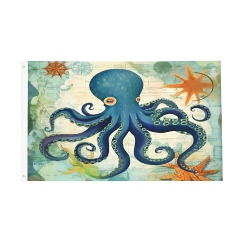 Mount Hour Sea Octopus Flagge, Banner, 90 x 152 cm, doppelseitig, Ozeanwelt, Polyester, Hausgartenbanner mit Ösen für Innen- und Außenbereich, Party-Dekoration (ohne Fahnenmast) von Mount Hour