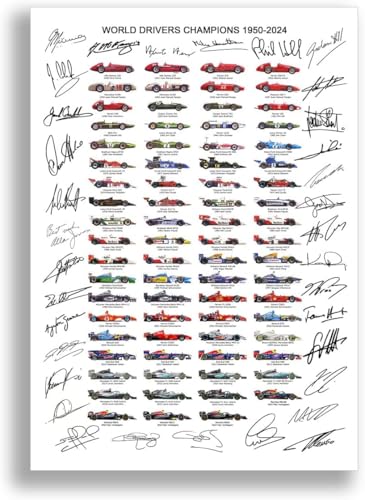 Mounted Gifts Signiertes Poster der Formel 1, alle Weltmeister der Fahrer, Saison 1950–2024, gerahmtes Bild, Foto, Autogramm, Geschenk, F1-Autos (nur A4-Poster) von Mounted Gifts