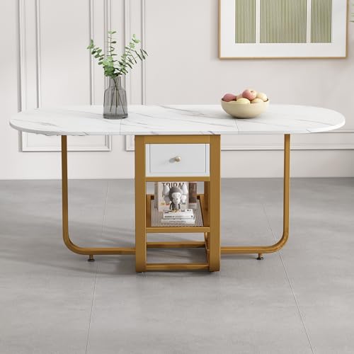 Klappbarer Esstisch, 160x70x75 cm Erweiterbarer Esstisch, Multifunktionaler Esstischs mit Stauraum, Esstisches mit Schubladen, Kaffee-Freizeittisch, Couchtisch, Esstischs in 3 Formen (Weiß+Gold) von Mounteps