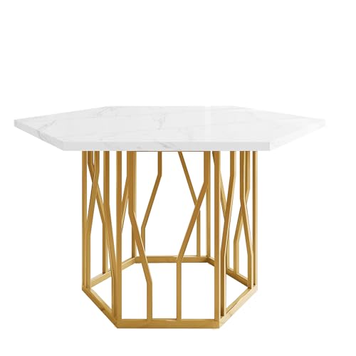 Moderner sechseckiger Marmor-Esstisch, Metallzweiggestell, Schlichter ästhetischer Couchtisch, geeignet für Esszimmer und Wohnzimmer, Goldene von Mounteps