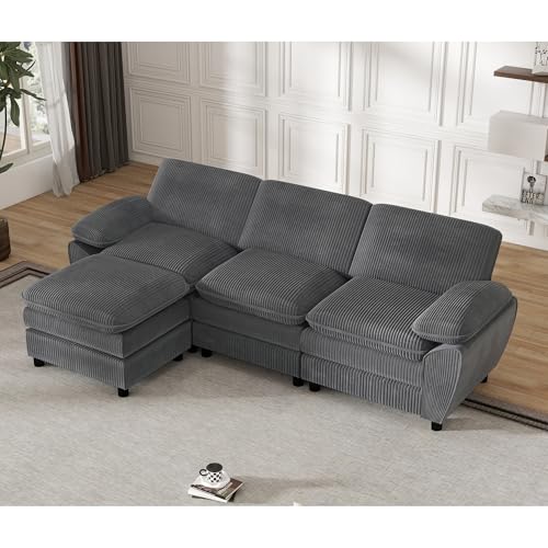 Modulares 3er-Kombinationssofa mit abnehmbarem Ottoman in Premium Velours – Elegantes L-Sofa für Wohnzimmer, perfekte Ergonomie & einfache Montage (258cm, Grau) von Mounteps