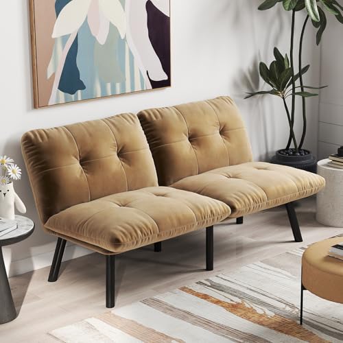 Mounteps 2 Sitzer Klappbares Sofa Gästesofa, 2er Futon Couch, Schlafsofa Sofabett für Wohnzimmer, Schlafzimmer, Wohnung, Buros, Samtstoff, Braun von Mounteps