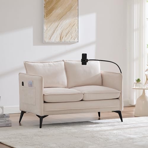 Mounteps 2 Sitzer Sofa Gästesofa Modern Doppelsofa, 2er Sitzsofa mit Lagerung Seitentasche und Einstellbare Handy-Halter, Sessel für Wohnzimmer, Schlafzimmer, Wohnung, Balkon, Chenille, Beige von Mounteps