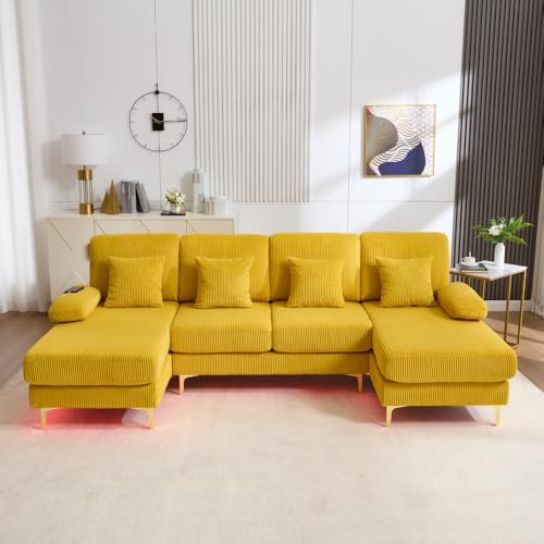 Mounteps 4-Sitzer-Sofa in U-Form mit LED und USB C, Ecksofa aus Samt mit 4 Kissen und Armlehnen, Moderne ergonomische Rückenlehne, multifunktional, im Wohnzimmer(Gelb) von Mounteps