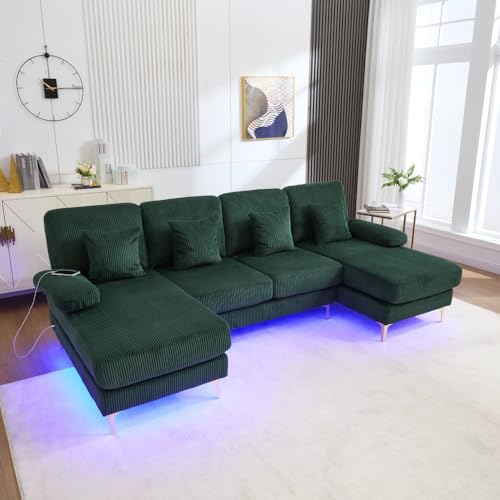Mounteps 4-Sitzer-Sofa in U-Form mit LED und USB C, Ecksofa aus Samt mit 4 Kissen und Armlehnen, Moderne ergonomische Rückenlehne, multifunktional, im Wohnzimmer(Grün) von Mounteps