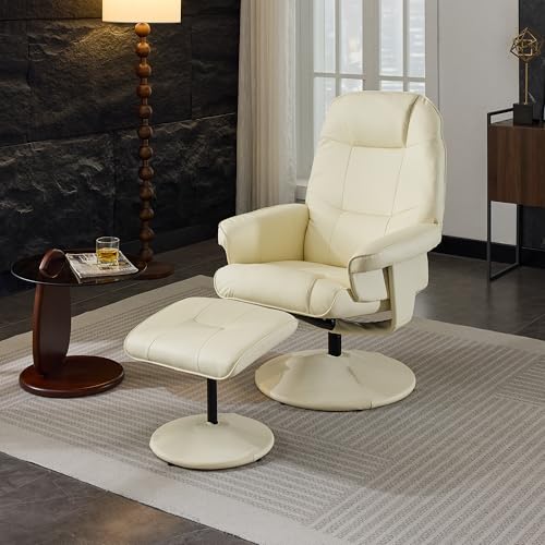 Mounteps Ergonomischer Massagesessel mit 5-Punkt-Massage, Sitzheizung, 360° Drehfunktion, Verstellbarer Rückenlehne bis 140° & inkl. Fußhocker – Beiger PU-Ledersessel (bis 110 kg belastbar) von Mounteps
