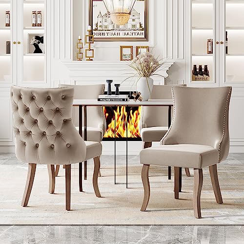 Mounteps Esszimmerstuhl (Wohnzimmerstuhl mit einzigartigem Knopfsteppung der Rückseite), Polsterstuhl mit Nagelkopfbesatz,Bezug aus Samt,Gebogene Beine aus Massivholz(4) von Mounteps