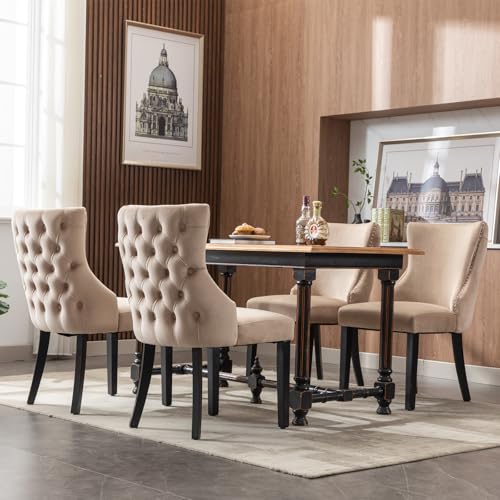 Mounteps Esszimmerstuhl (Wohnzimmerstuhl mit einzigartigem Knopfsteppung der Rückseite), Polsterstuhl mit Nagelkopfbesatz,Bezug aus Samt,Gebogene Beine aus Massivholz(4) von Mounteps