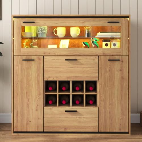 Mounteps Holzfarbenes Sideboard weinkühler mit LED, Aufbewahrungsschrank mit Zwei Türen Zwei Schubladen und EIN Weinregal, Multifunktionsschrank für Wohnzimmer Küche von Mounteps