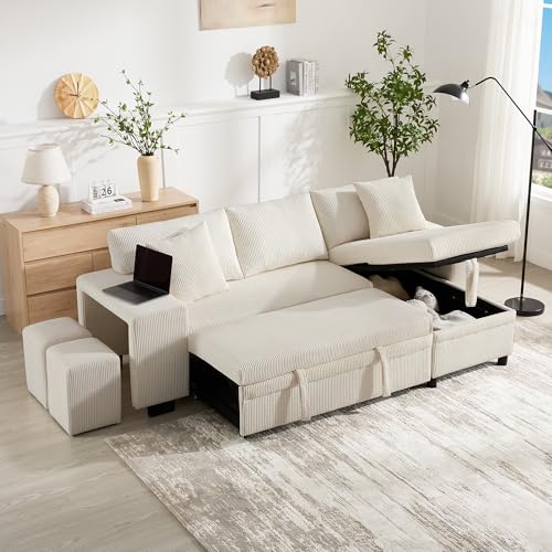 Mounteps Klappsofa mit Schlaffunktion, L-förmiges umbaubares Ecksofa mit USB-Ladeanschluss und Kissen, 3-Sitzer-Umbausofa mit Seitenablagen und Stauraum von Mounteps