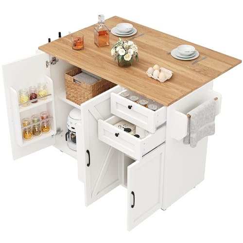 Mounteps Kücheninsel, Küchenschrank, Buffetschrank, Speisewagen mit Holzmaserung, Multifunktionale Esstisch mit Speicherraum, mit Snackregalen(Weiß) von Mounteps